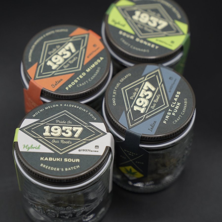 Four 1937 Farms jars — Kabuki Sour, Frosted Mimosa, Sour Donkey and First Class Funk